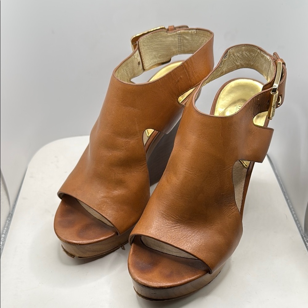 Michael Kors Tan Leather Wedge Sandals - Picture 2 of 9